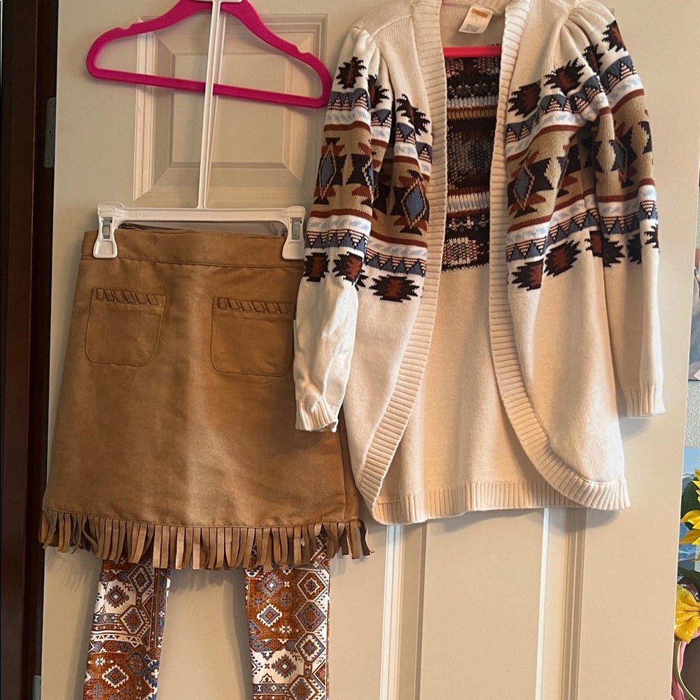 Aztec Print Cardigan and Fringe Skirt Set